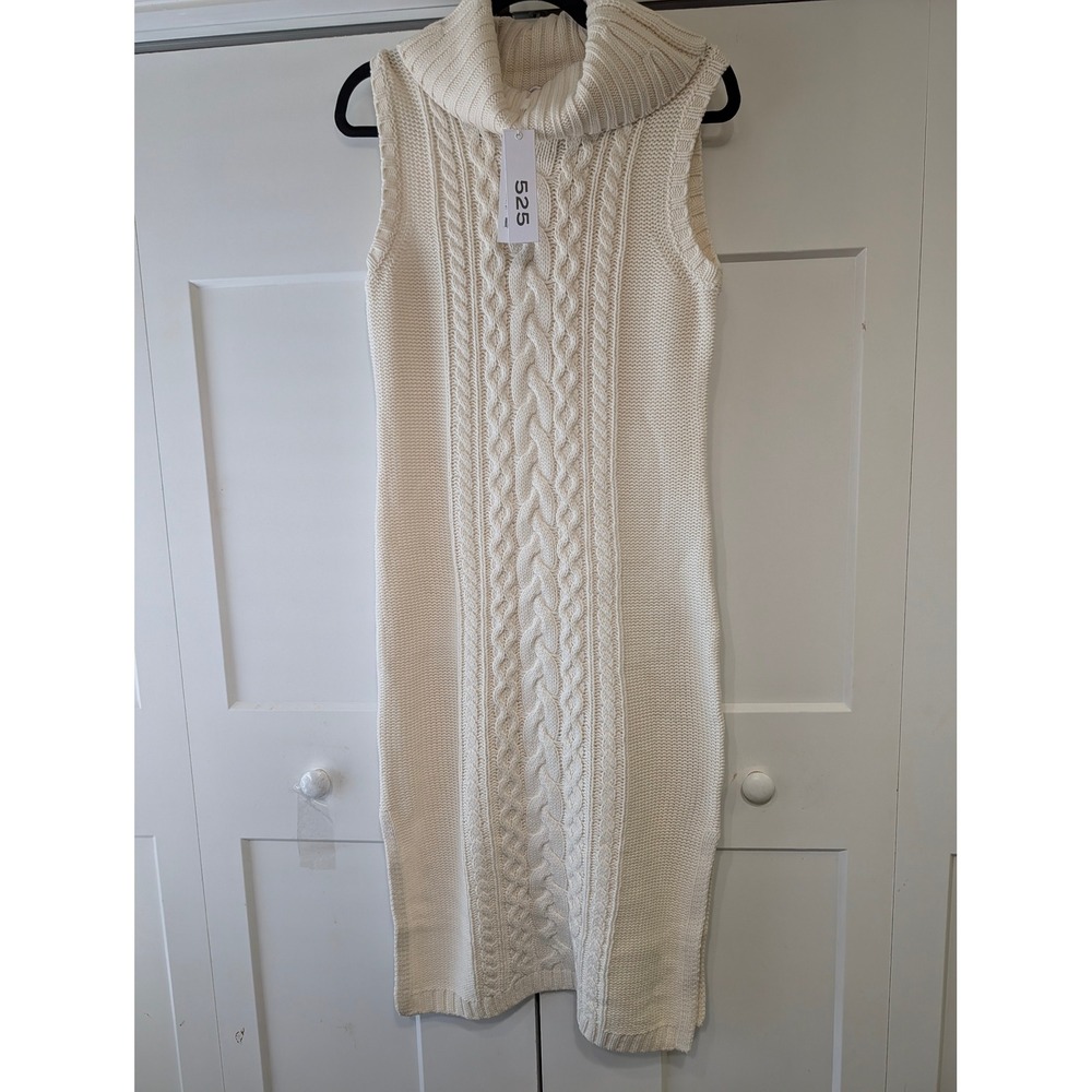 525 America Sleeveless Cowl Neck Cable Knit Midi Sweater Dress Chalk White M